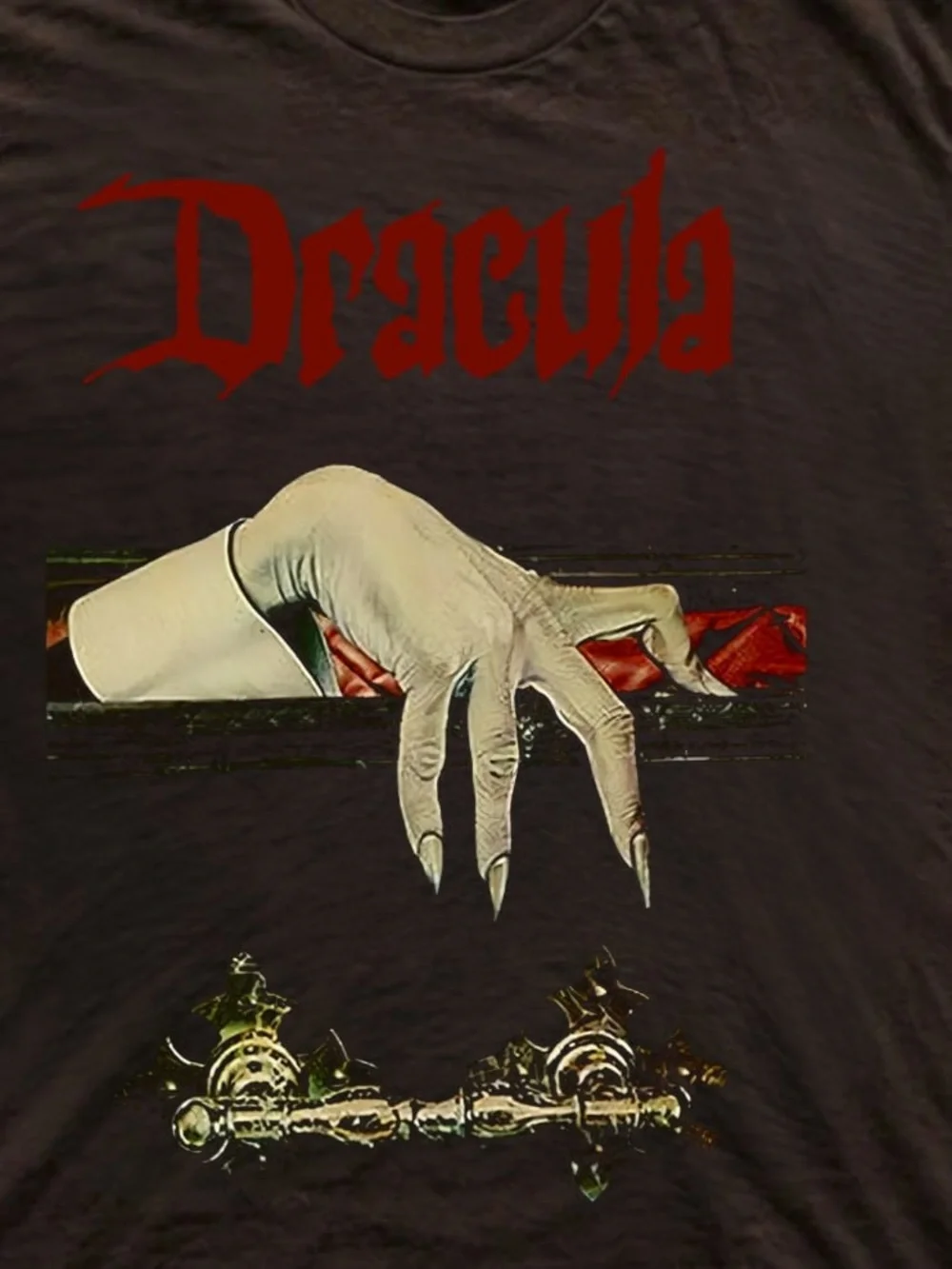 Brown Dracula Graphic Tee with Red Logo and Cream Hand